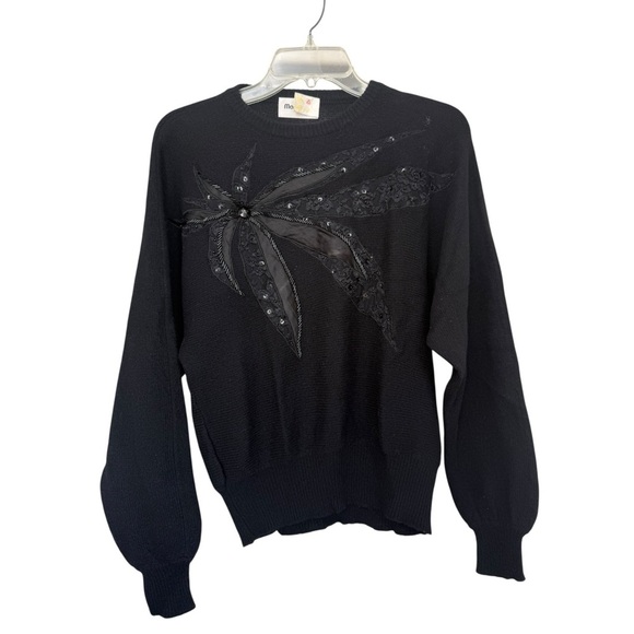 Vtg 80s Beaded Sequin Satin Lace Appliqué Sweater Small Black Lambswool Angora - Picture 6 of 6